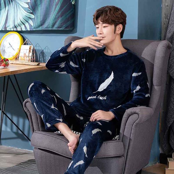 

thick warm print flannel pajama set for men 2019 winter long sleeve coral velvet sleepwear suit loungewear homewear home clothes, Black;brown