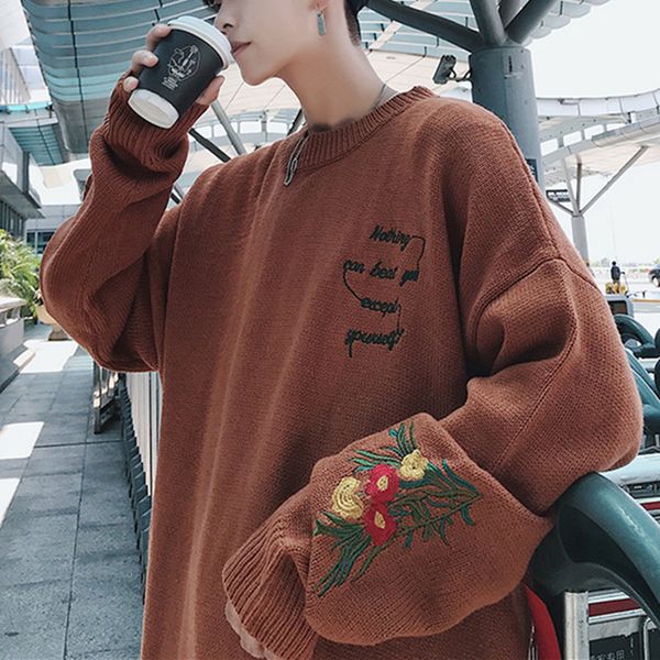 

autumn and winter new sweater men warm fashion flower embroidery casual loose o-neck long-sleeved knit pullover male clothes, White;black