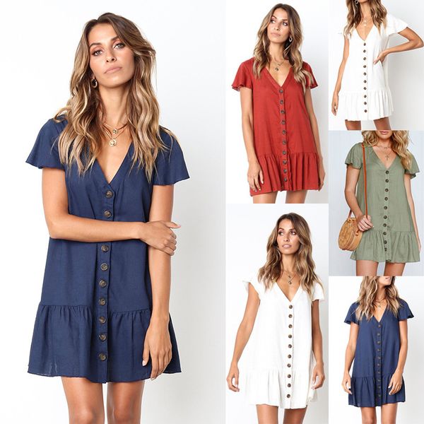 

0953 4-color v-neck button short sleeve pleated women's dress, Black;gray