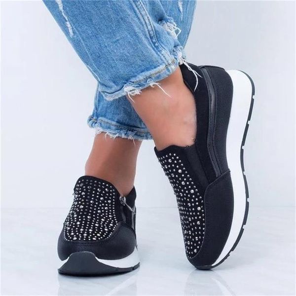 

women crystal sneakers spring autumn casual zipper flat shoes women non-slip breathable outdoor vulcanized shoes woman y200801, Black