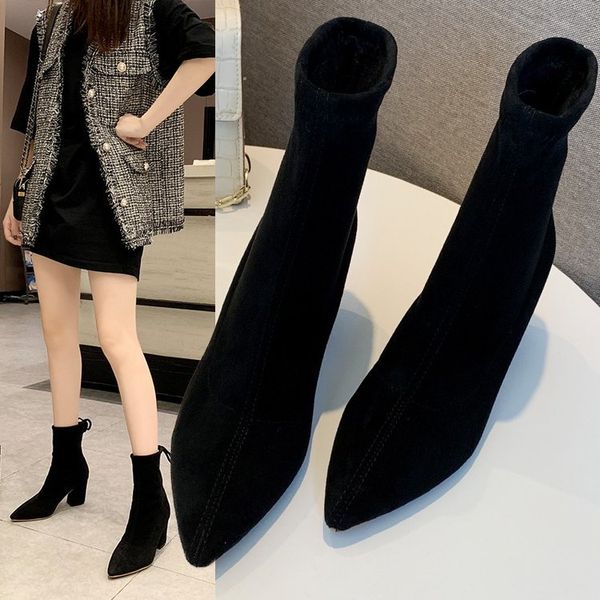 

lady boots brand women's shoes booties woman 2019 high heels lace up winter footwear boots-women ladies fashion pointy rock mid, Black