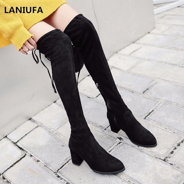 

winter women pumps dress over the knee boots women casual lace-up zip high heels snow boots shoes mujer &420, Black
