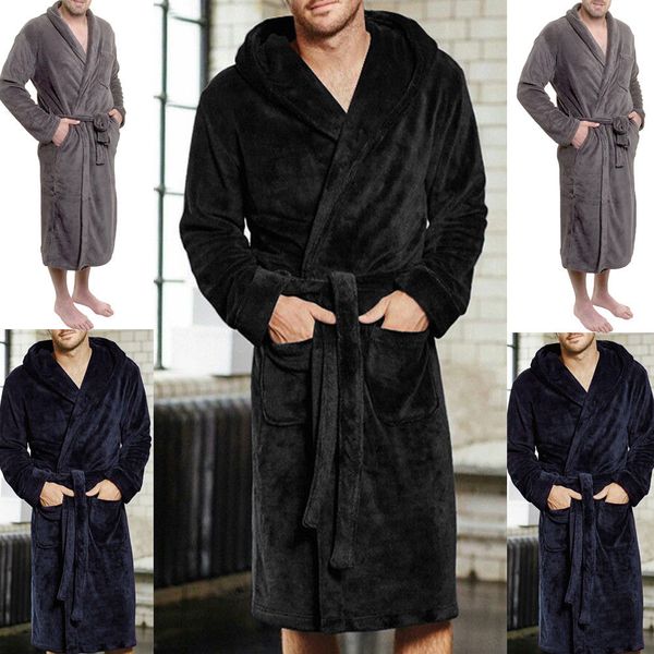 

fashion casual mens bathrobes flannel robe v neck long sleeve couple men woman robe plush shawl kimono warm male bathrobe coat, Black;brown