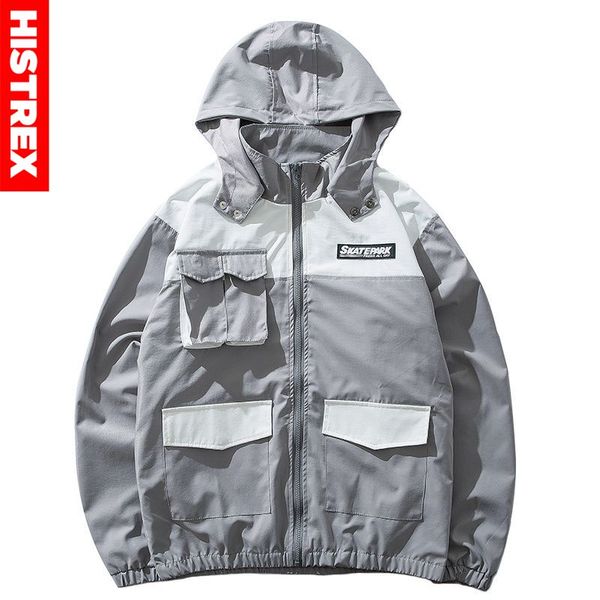

men hip hop streetwear hooded jacket coat retro spring 2020 harajuku jacket windbreaker color block zip up track hoodie, Black;brown