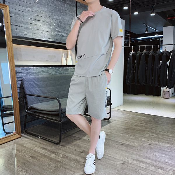 

gym clothing viscose fiber short sleeved shorts suit men's summer fashion handsome casual sports match a set of linen cotton clothes, White;black