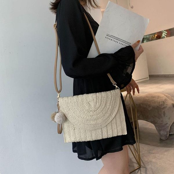 

pompom fashionable shoulder crossbody satchel bags woven straw beach handbags for outdoor shopping traveling ornaments