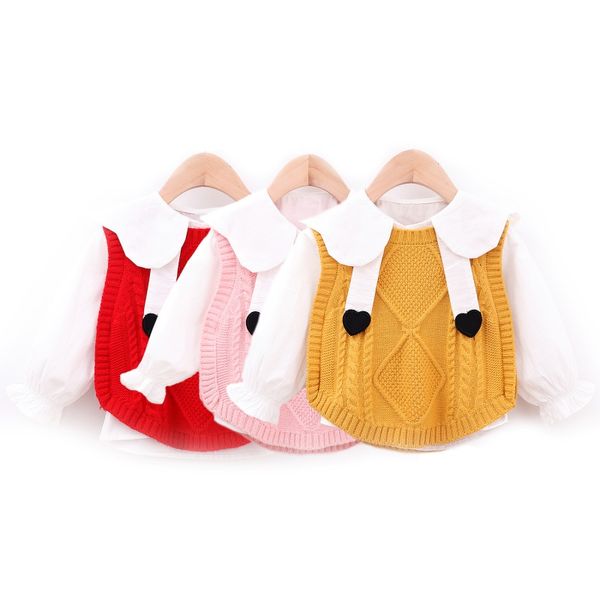 

autumn baby girl long sleeve shirts kids cute knitted sweater vest casual outfits set cotton soft kids blouse, White