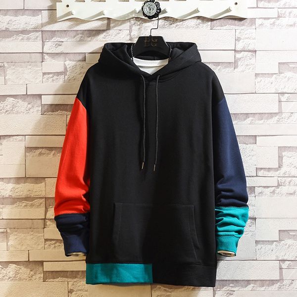 

feitong men hoodie sweatshirt splicing button pullover long sleeve hooded patchwork sweatshirt hoodie men, Black