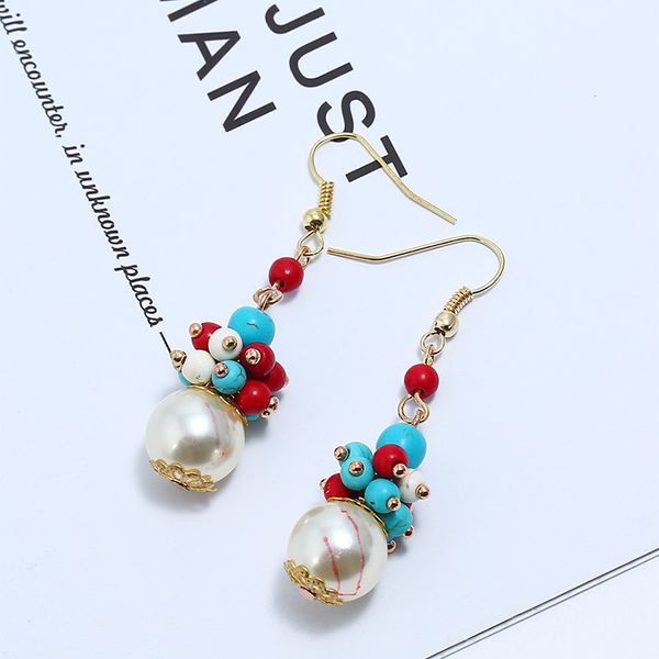 

wholesale-bohemian retro pearl earrings in europe and america with exaggerated personality and long coloured turquoise earrings, Golden