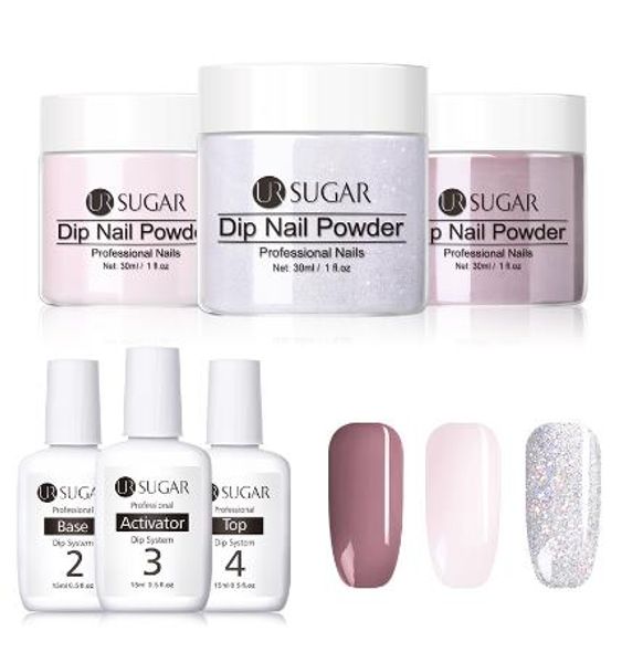 

ur sugar 6 in 1 dipping system nail kit dip nail with base activator liquid gel without lamp cure natural dry, Silver;gold