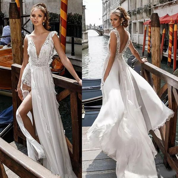 Романтическая сторона расщепленная столовая юбка сексуальные свадебные платья Bridal Deep V-образным вырезом сильно украшены лифой