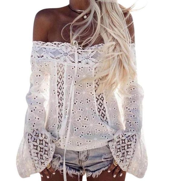 

women's t-shirt women off shoulder long sleeve lace loose shirt 40#, White