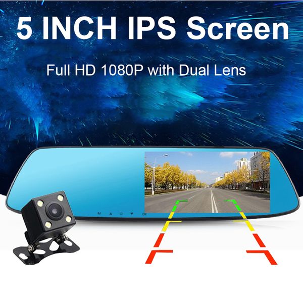 

5" car dvr mirror rearview dashcam 1080p video recorder full hd with 2.5d anti-glare glass dual lens 170Â° + 120Â° wide view angle
