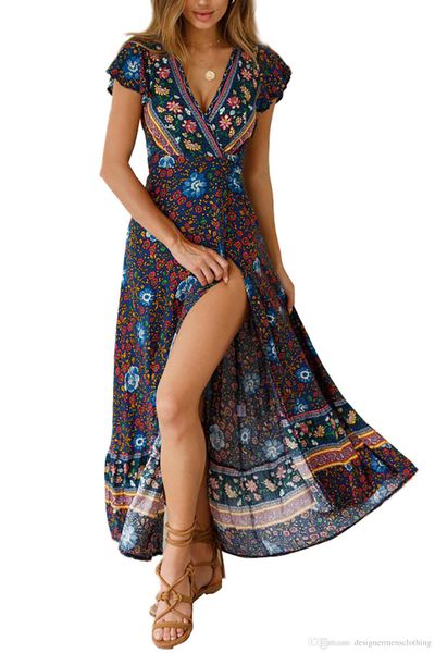 

summer long bohemian dress for women beach seaside holiday boho dresses casual v-neck floral printed dress, Black;gray