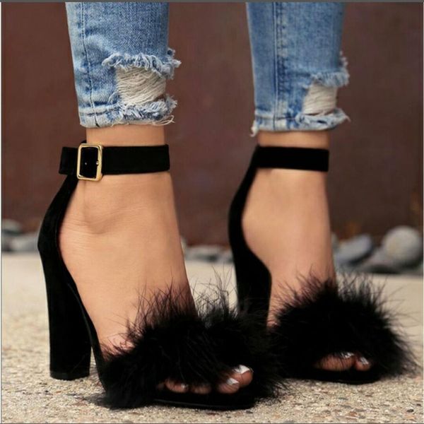 

plus size super high sandals female pump new fashion buckle strap fur flock leather thick heel solid party women pumps shoes y200620, Black