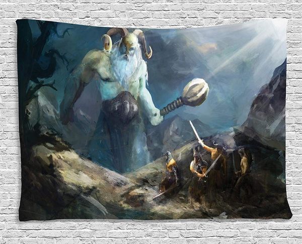 

viking tapestry heroes valhalla with mythological frost giant norse culture watercolor design wall hanging bedroom living
