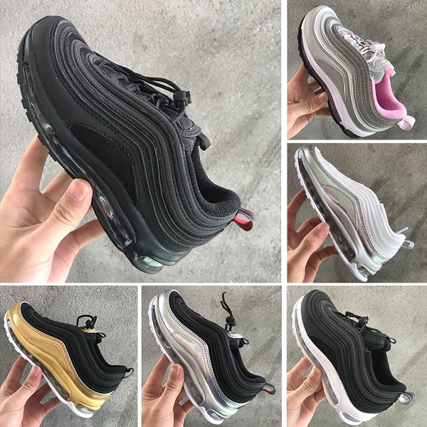 

youth kids shoes air 97s og triple white running shoes boys and girls metallic gold silver bullet pink mens trainer sports sneaker, Black