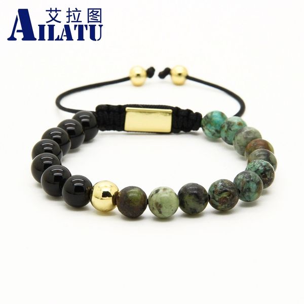 

ailatu jewelry wholesale 10pcs/lot 8mm natural onyx stone round beads braiding macrame bracelets, Golden;silver