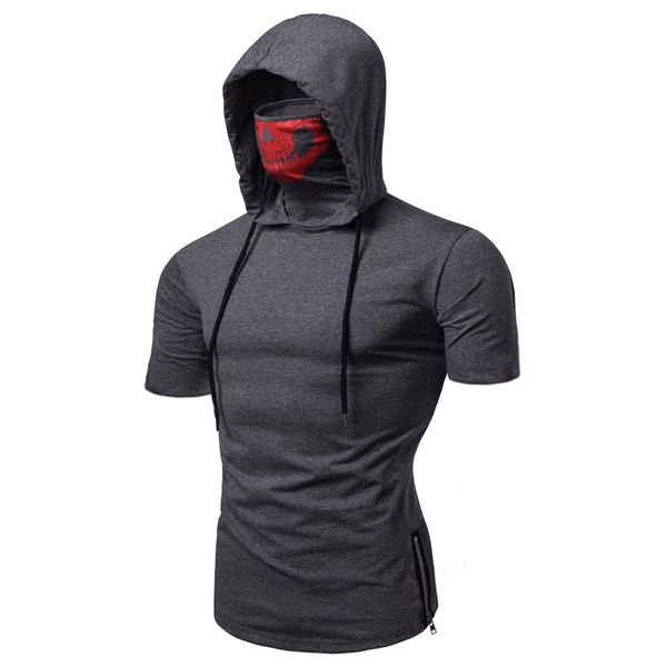 

Hot Mens Tshirts Ninja Skull Mask Hooded Short Sleeved Shirts Fashion Zipper Split Tops Summer Clothing