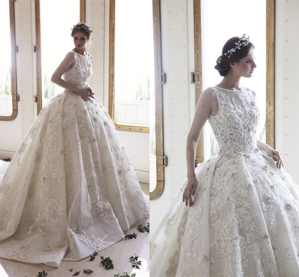 

elegant 3d flowers a-line wedding dresses luxury lace appliqued sequined beaded open back plus size bridal gown cathedral train, White