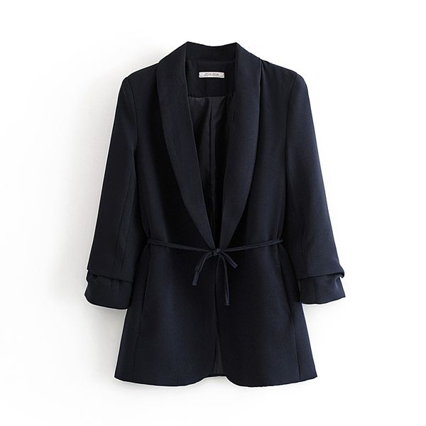 

elegant solid open stitch blazer women 2019 bow tie drawstring belt three quarter sleeve offic lady female outwear coat, White;black