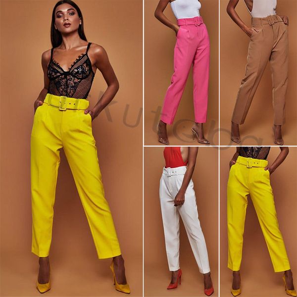 

women lady ol loose pants summer beach regular casual ankle length ruffle high waist trousers belt pant, Black;white