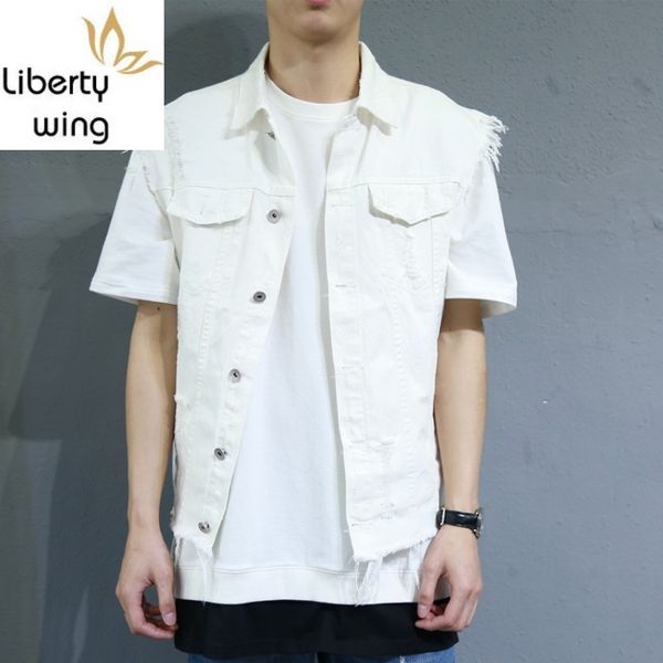 

summer solid hole ripped tassel waistcoat hip hop cowboy biker vest male pockets button loose fit white coat for men outwear, Black;white