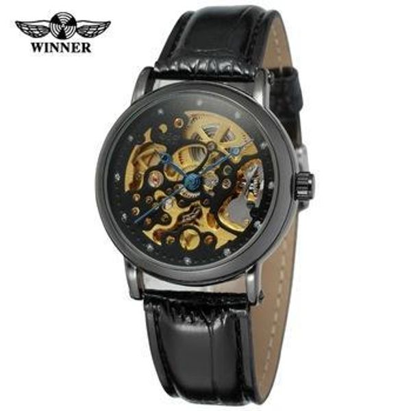 

winner brand mens automatic mechanical watch leather band fashion hollow wristwatch relogio releges, Slivery;brown