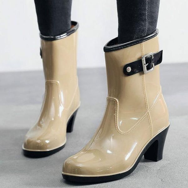

autumn winter fashion woman boots punk style mid snow boots women's shoes ladies non-slip rain high heel water shoes, Black