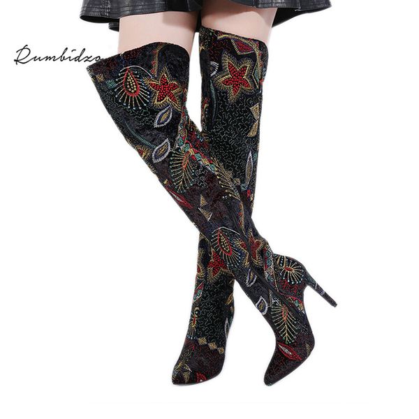 

rumbidzo women's boots pointed toe slim thigh over the knee side zipper embroidered print bootie sapatos feminios stilleo, Black