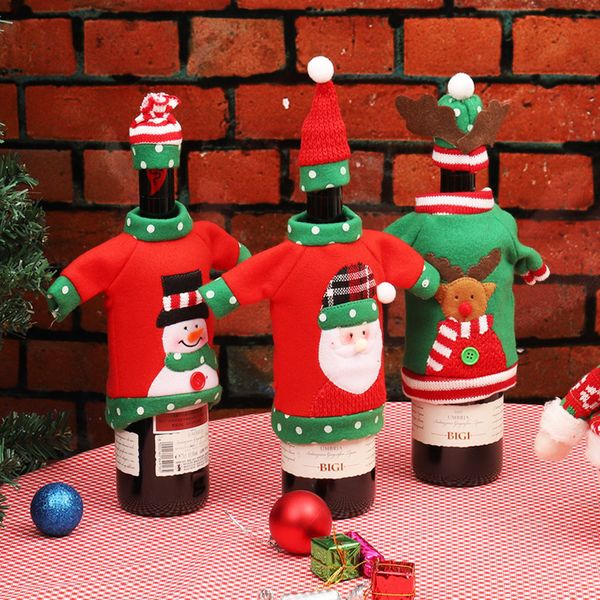 

1 set sweater christmas & red wine bottle covers bags snowman santa claus reindeer ornaments decor christmas table decoration