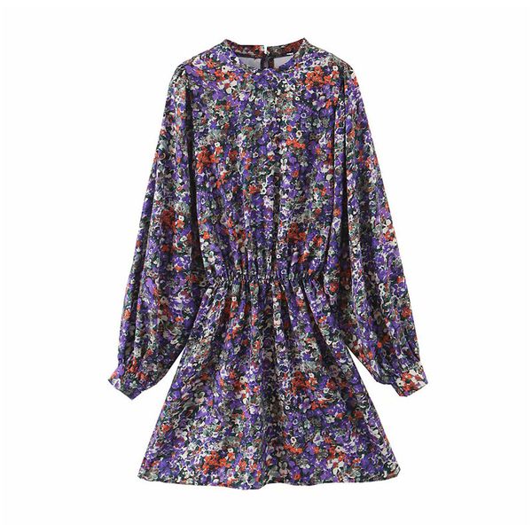 

elegant floral print women dress o neck lantern sleeve elastic waist dresses female 2020 casual retro mini dresses vestidos, Black;gray