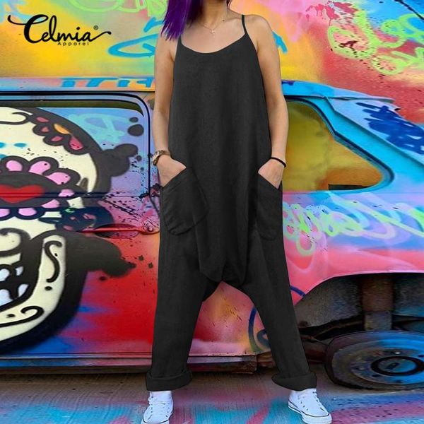 

celmia 5xl women spaghetti straps jumpsuit summer rompers vintage casual drop-crotch playsuit solid sleeveless harem pants, Black;white