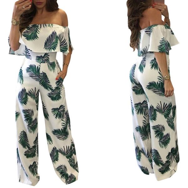

european and american women's print off-shoulder ruffled loose jumpsuit, Black;white