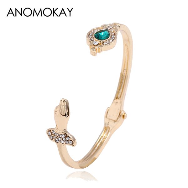

original design green gem gold-color open cuff bracelet for women european american trendy palm flower fashion bangles jewelry, Black