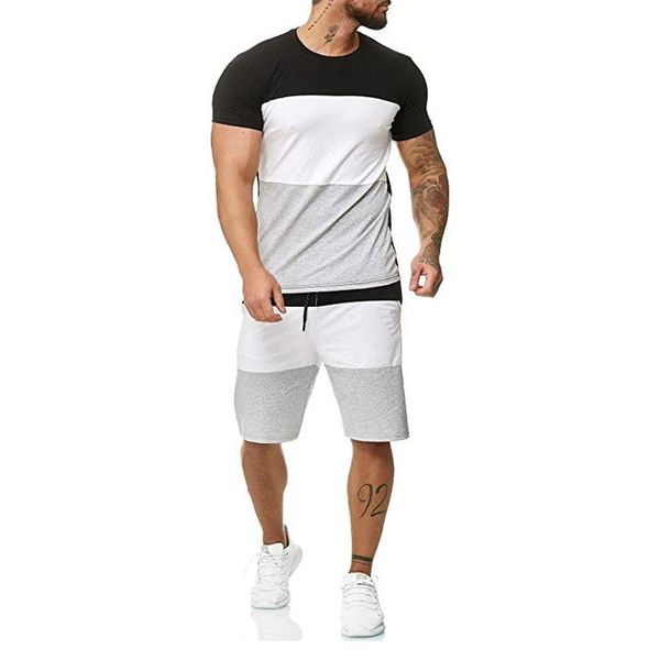 

summer new men's round neck short sleeve sports suit casual outdoor fitness sports large size color matching t-shirt shorts, Gray