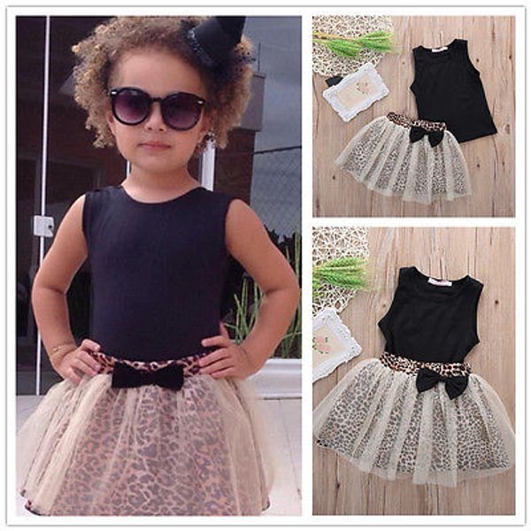 

kid baby girl sleeveless round collar leopar lace dress 2pcs suit outfit set, White