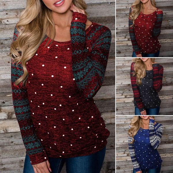 

new arrival womens christmas dot print stitching casual long sleeve top, White