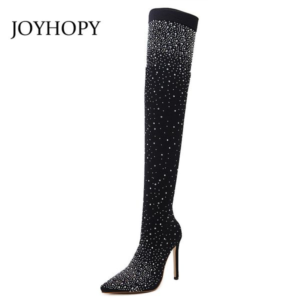 

joyhopy 2018 spring rhinestone over the knee boots women stretch fabric thigh boots ladies crystal high heels shoes wb1383, Black