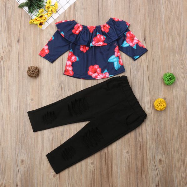

clothing sets fashion toddler kids baby girls flower off shoulder long pants outfits clothes set, White