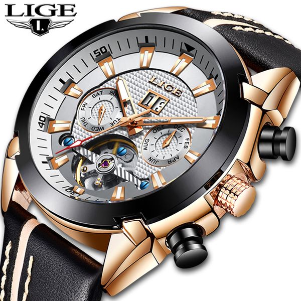 

lige men watches business fashion automatic watch mentourbillon leather waterproof wristwatch relogio masculino, Slivery;brown