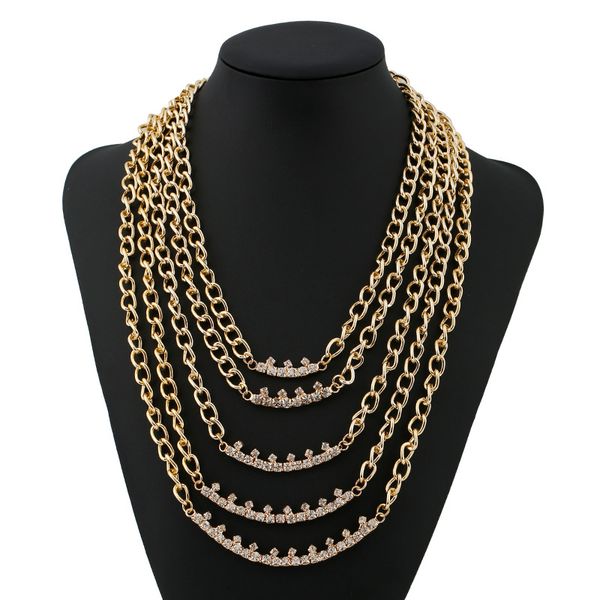 

multilayer rhinestones metal chains choker statement necklace women zinc alloy necklaces pendants trendy jewelry collares, Silver