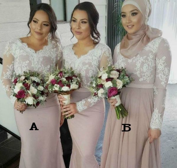 

lace long sleeve prom bridesmaid dresses 2020 muslin wedding guest dress applique maid of honor mermaid a-line custom made evening, White;pink