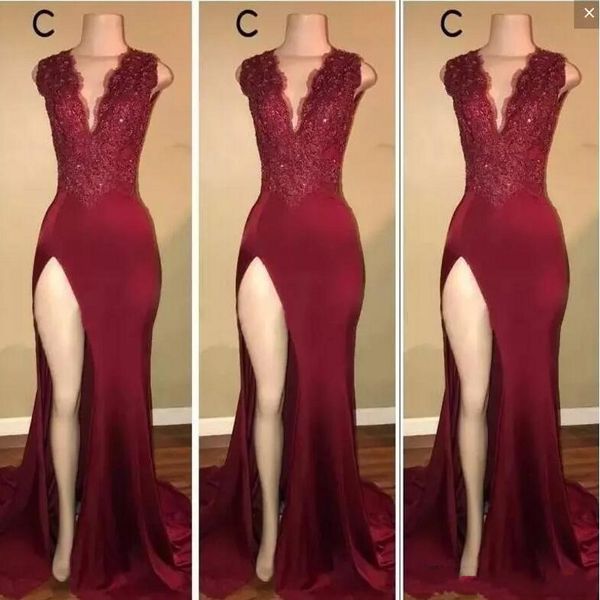 

burgundy prom dresses 2019 with deep v neck side split lace appliques beads mermaid cocktail party dress women wear evening gowns