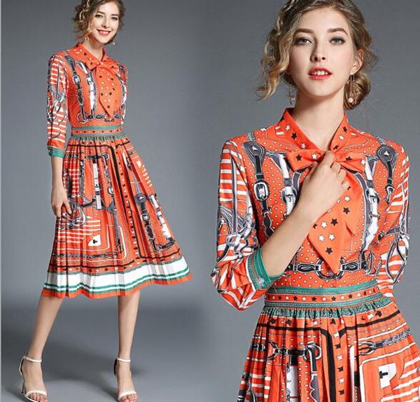 

new retro print 7 / 4 sleeve waist pleated skirt, Black;gray