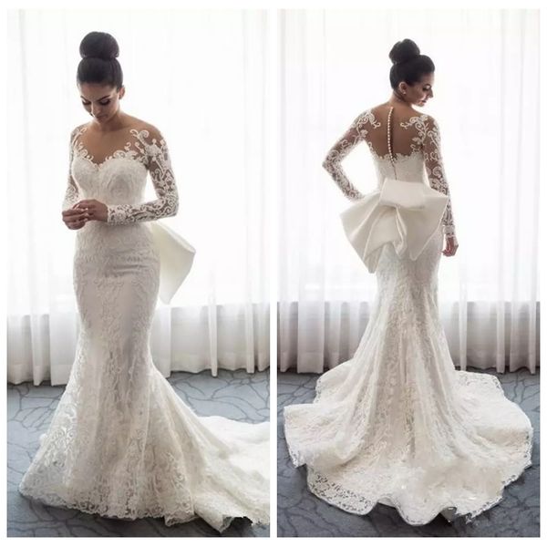 

sheer long sleeves mermaid lace appliques wedding dresses 2019 beautiful with bow back bridal gowns long vestidos de marriage cheap, White