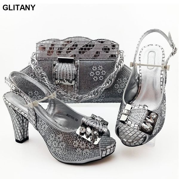 

african shoe and bag set decorated with rhinestone nigerian women party pumps high heels italy shoes and bags set for woman, Black