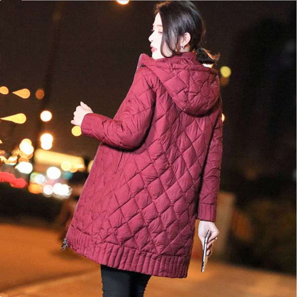 

2018 winter new women's coat hooded warm jacket fashion slim diamond grid long cotton-wadded jackets -3xl, Tan;black