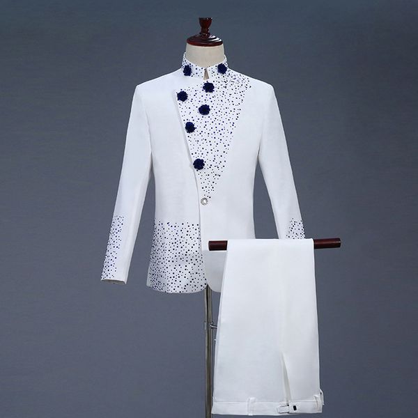 

men's retro zhongshan suit chinese style dress white diamond-inlaid men's collar blazer white mens suits, White;black