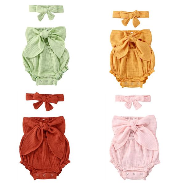 

jumpsuits 0-24m born infant baby girls romper headband 2pcs solid bowknot sleeveless outfits 4 colors, Blue